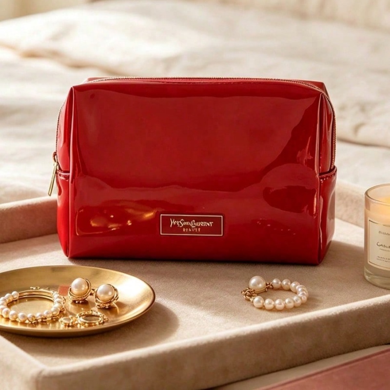 Luxury Bags With Zipper - YSL BEAUTE レッドフェイクレザーメイクアップバッグ、ゴールドネームプレートジッパーポーチ、携帯用トラベルオーガナイザー、女性向け高級ギフト